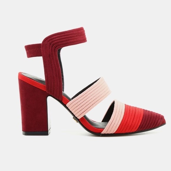 NWT Colorblock Heels Block Leather Pumps Pointed Toe Modern Striped Summer - Picture 5 of 7